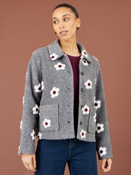 Yumi Embroidered Daisy Fleece Jacket, Grey - view 2, Grey