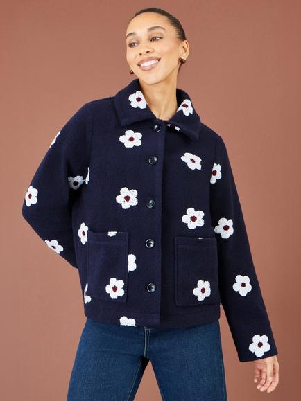 Yumi Daisy Fleece Button Front Jacket, Navy
