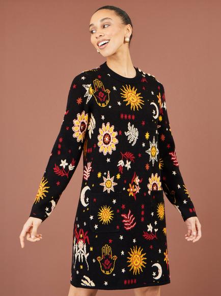 Yumi Cosmic Intarsia Knitted Tunic Dress, Black/Multi, Black/Multi