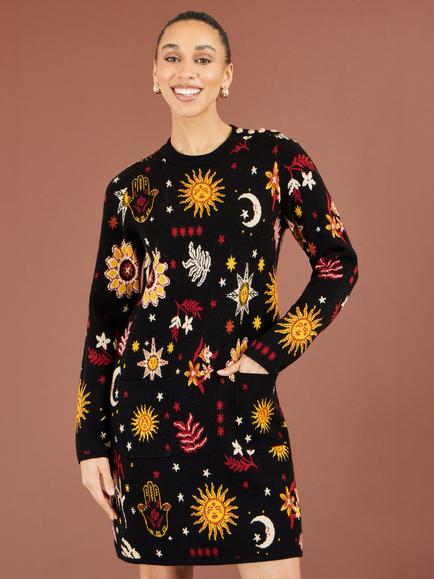 Yumi Cosmic Intarsia Knitted Tunic Dress, Black/Multi - view 2, Black/Multi