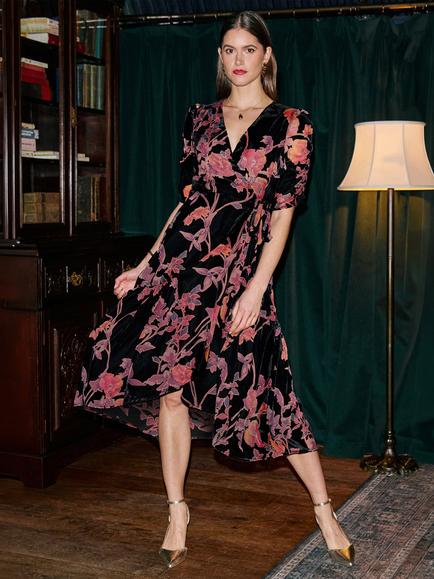 Yumi Floral Ruched Sleeve Wrap Dress, Black/Multi, Black/Multi
