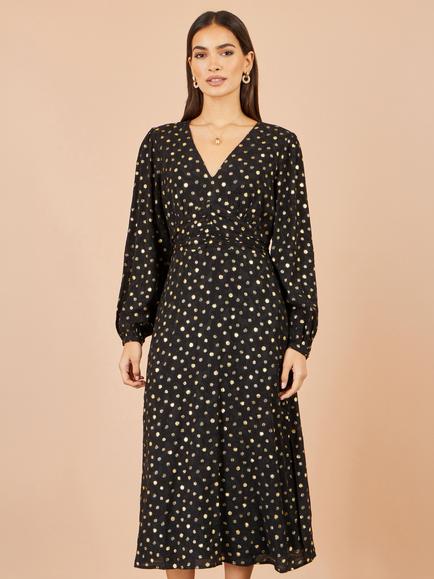 Yumi Foil Spot Print Midi Dress, Black/Gold, Black/Gold