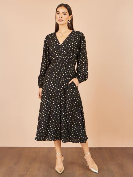 Yumi Foil Spot Print Midi Dress, Black/Gold - view 2, Black/Gold