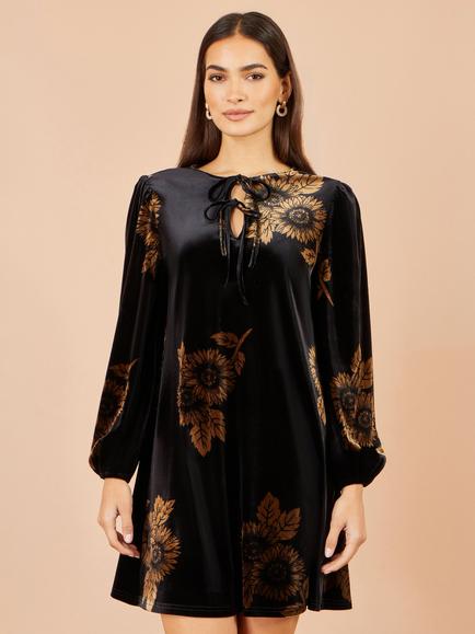 Yumi Velvet Sunflower Print Tunic Dress, Black/Gold, Black/Gold