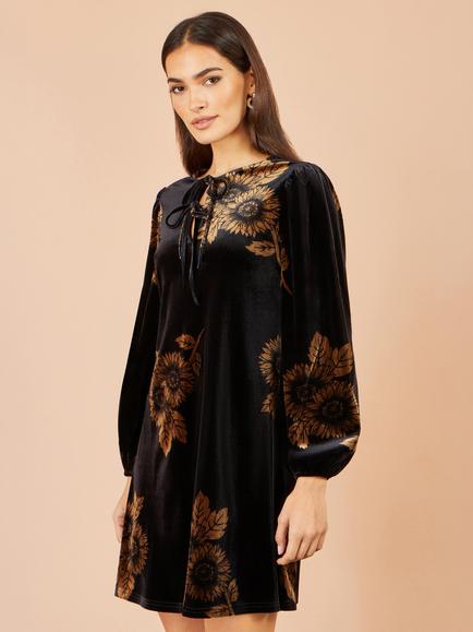 Yumi Velvet Sunflower Print Tunic Dress, Black/Gold - view 2, Black/Gold