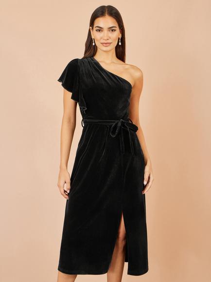 Yumi Velvet One Shoulder Midi Dress, Black, Black
