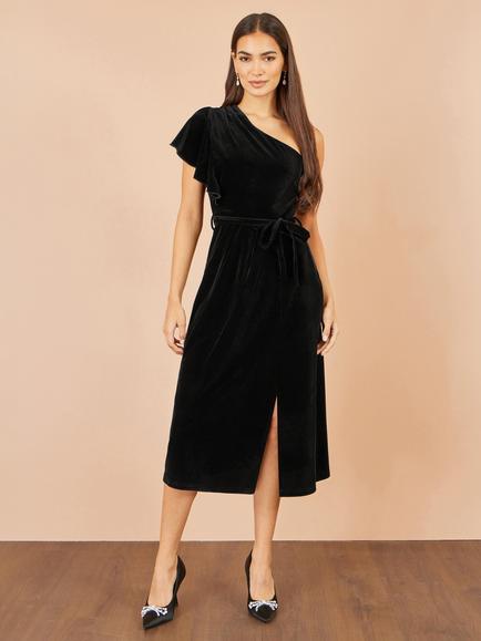 Yumi Velvet One Shoulder Midi Dress, Black - view 2, Black