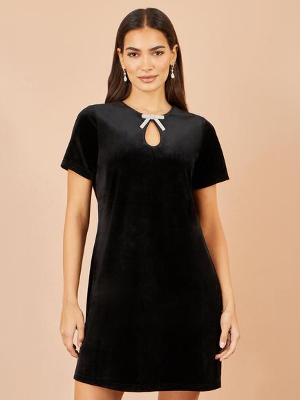 Yumi Diamante Bow Collar Velvet Tunic Dress, Black, Black