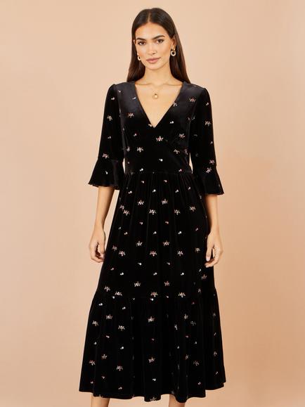 Yumi Velvet Embroidered Midi Dress, Black/Multi, Black/Multi