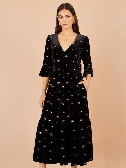 Yumi Velvet Embroidered Midi Dress, Black/Multi - view 2, Black/Multi