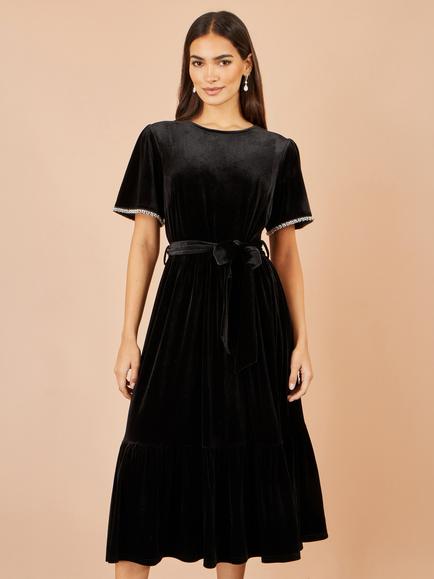 Yumi Velvet Diamanté Trim Midi Dress, Black, Black