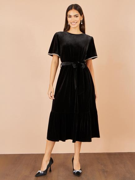 Yumi Velvet Diamanté Trim Midi Dress, Black - view 2, Black