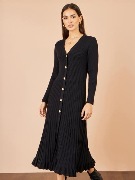 Yumi Knitted Ribbed Midi Dress - view 2, Black