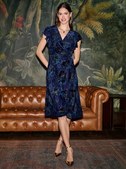 Yumi Velvet Floral Wrap Midi Dress, Blue, Blue