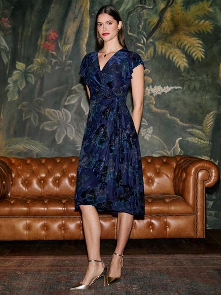 Yumi Velvet Floral Wrap Midi Dress, Blue - view 2, Blue