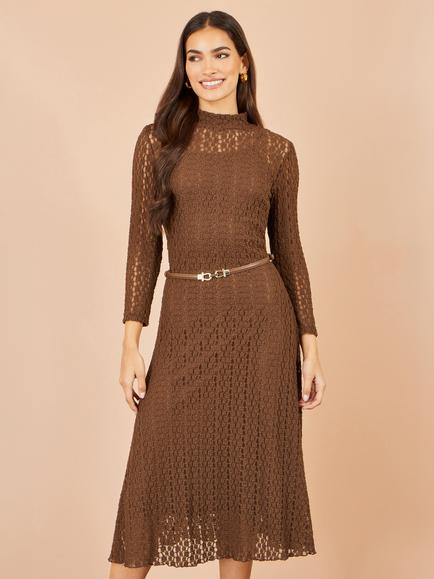 Yumi High Neck Lace Midi Dress, Brown, Brown