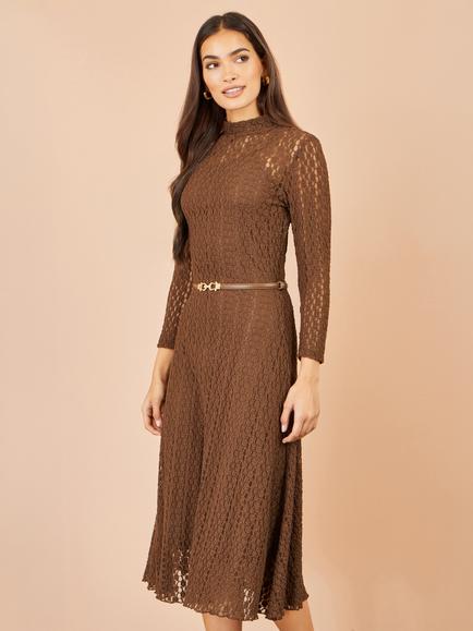 Yumi High Neck Lace Midi Dress, Brown - view 2, Brown