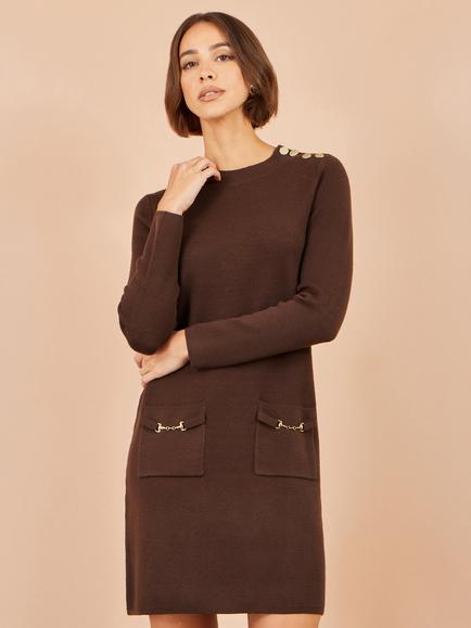 Yumi Knitted Long Sleeve Tunic Dress, Brown, Brown