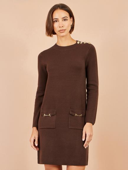 Yumi Knitted Long Sleeve Tunic Dress, Brown - view 2, Brown
