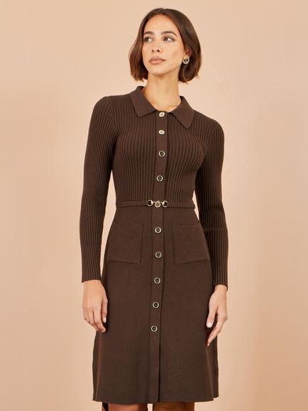 Yumi Snaffle Belt Rib Knit Midi Shirt Dress, Brown, Brown