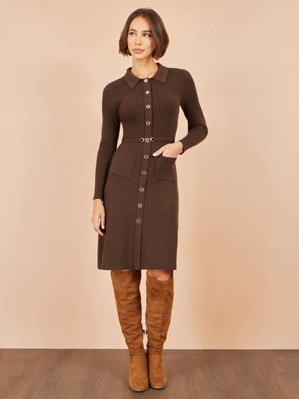 Yumi Snaffle Belt Rib Knit Midi Shirt Dress, Brown - view 2, Brown