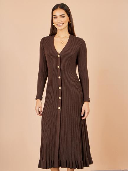 Yumi Knitted Pleated Midi Ribbed Dress, Brown, Brown