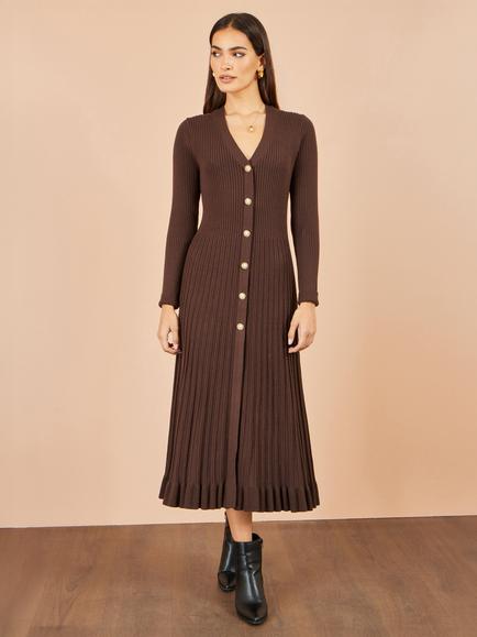 Yumi Knitted Pleated Midi Ribbed Dress, Brown - view 2, Brown