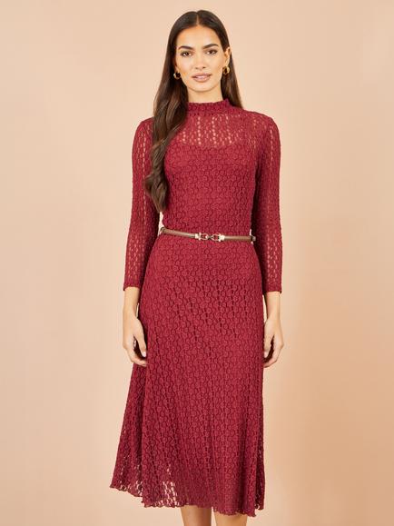 Yumi High Neck Lace Midi Dress, Burgundy, Burgundy