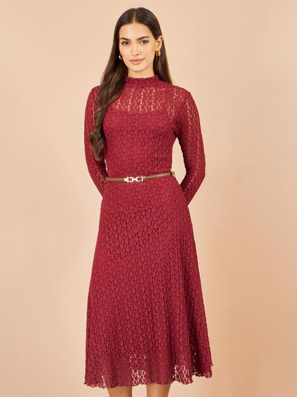 Yumi High Neck Lace Midi Dress, Burgundy - view 2, Burgundy