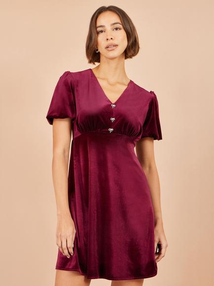 Yumi Bow Velvet Diamante Bow Skater Dress, Burgundy, Burgundy