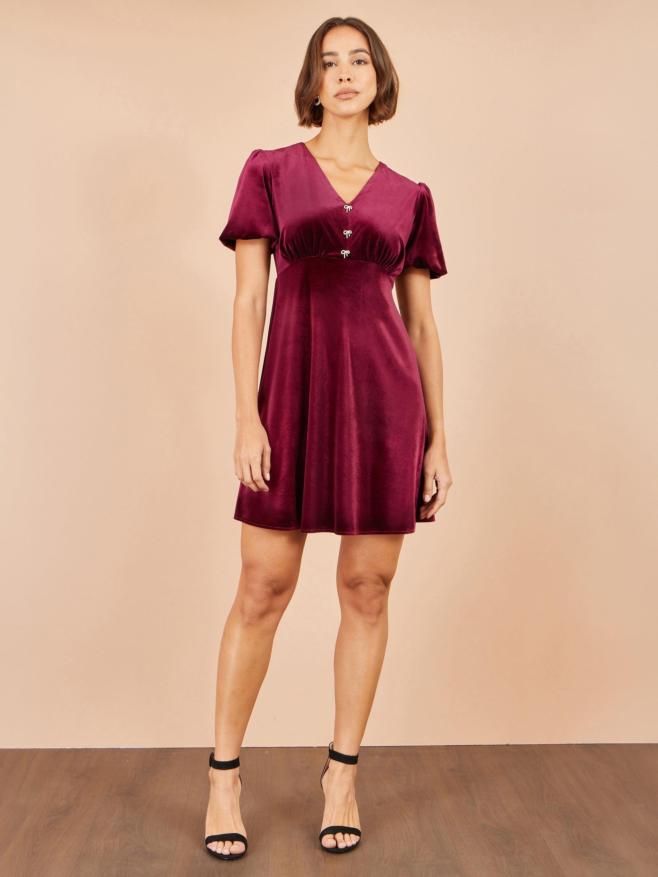 velvet skater dress burgundy Yumi Bow Diamante Bow Dress, Drop waist Color:Blue-monochrome size_dropdown Dress Shirt Regular Fit to weekend style with