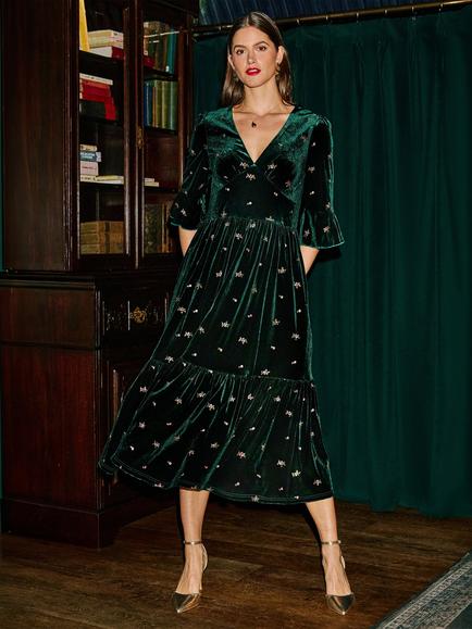 Yumi Velvet Embroidered Floral Midi Dress, Green, Green