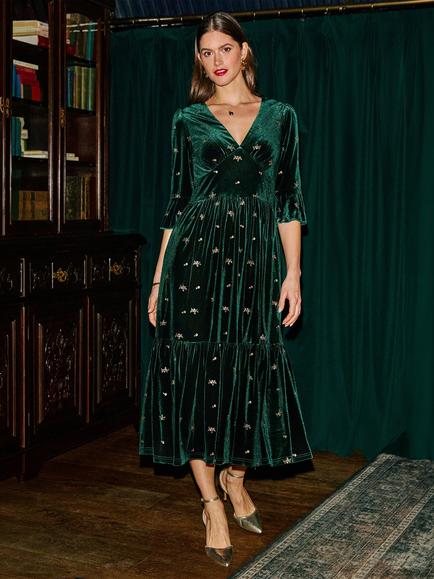 Yumi Velvet Embroidered Floral Midi Dress, Green - view 2, Green