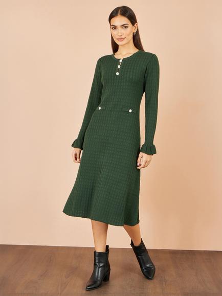 Yumi Knitted Pointelle Midi Dress, Green - view 2, Green