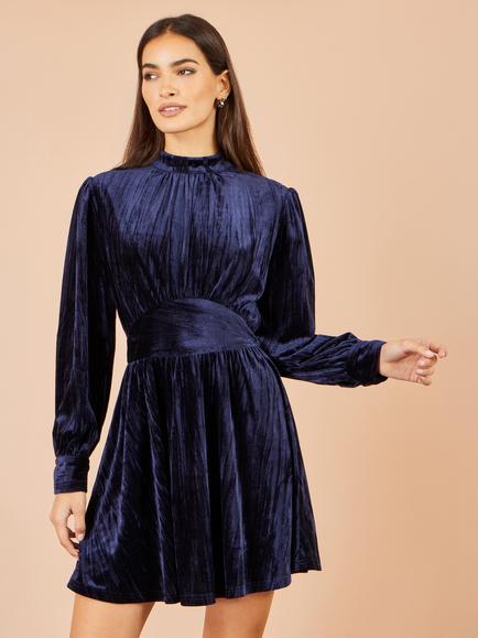 Yumi Crinkle Crushed Velvet Mini Dress, Navy, Navy