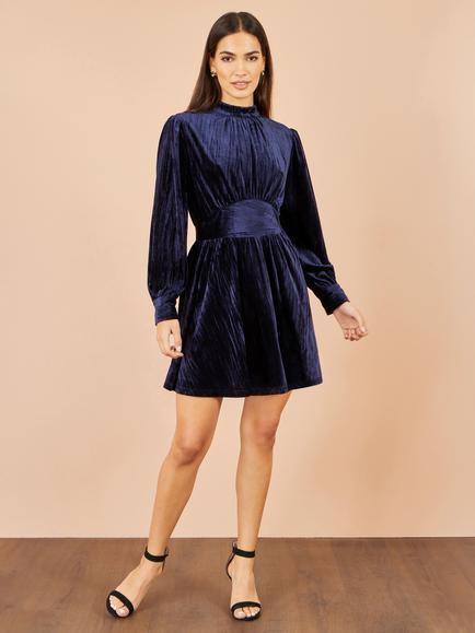 Yumi Crinkle Crushed Velvet Mini Dress, Navy - view 2, Navy