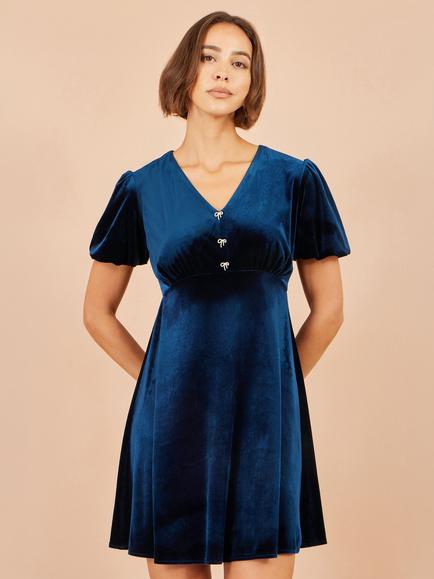 Yumi Bow Velvet Diamante Bow Skater Dress, Navy, Navy