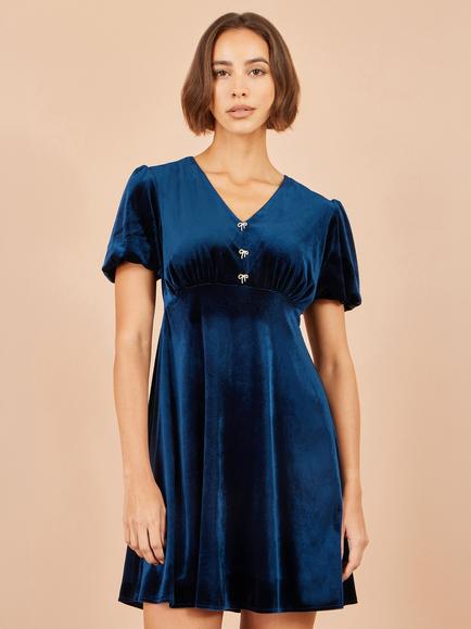 Yumi Bow Velvet Diamante Bow Skater Dress, Navy - view 2, Navy