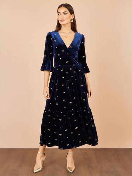 Yumi Velvet Embroidered Floral Midi Dress, Navy, Navy