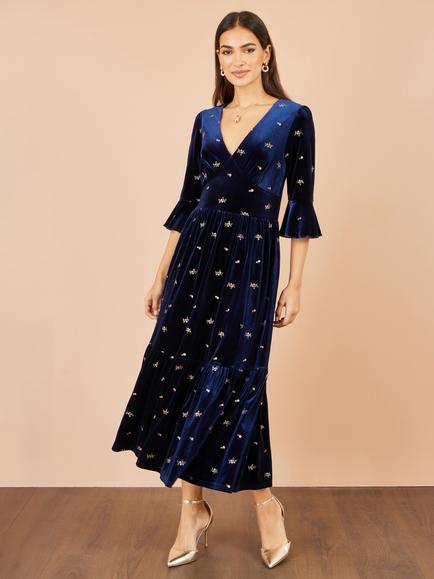 Yumi Velvet Embroidered Floral Midi Dress, Navy - view 2, Navy