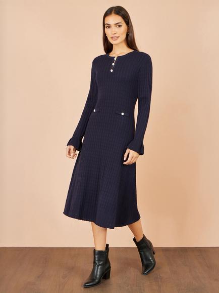 Yumi Knitted Pointelle Midi Dress, Navy - view 2, Navy