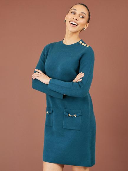 Yumi Long Sleeved Knitted Tunic Dress, Teal - view 2, Teal