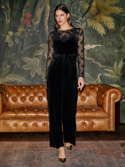 Yumi Lace Applique Sleeve Velvet Jumpsuit, Black - view 2, Black