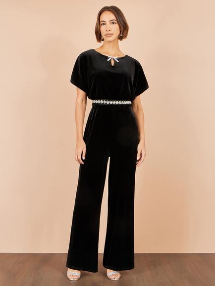 Yumi Embellished Velvet Jumpsuit, Black, Black