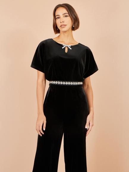 Yumi Embellished Velvet Jumpsuit, Black - view 2, Black
