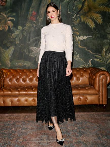 Yumi Diamonte Tulle Midi Skirt, Black, Black