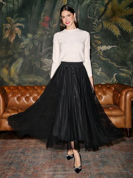 Yumi Diamonte Tulle Midi Skirt, Black - view 2, Black