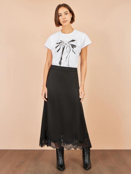 Yumi Satin Lace Trim Midi Skirt, Black, Black