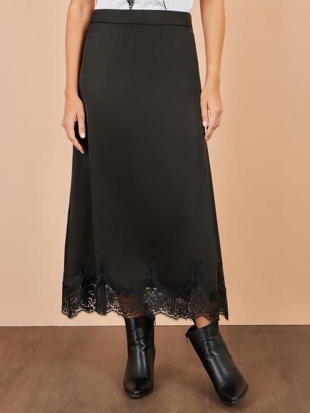 Yumi Satin Lace Trim Midi Skirt, Black - view 2, Black