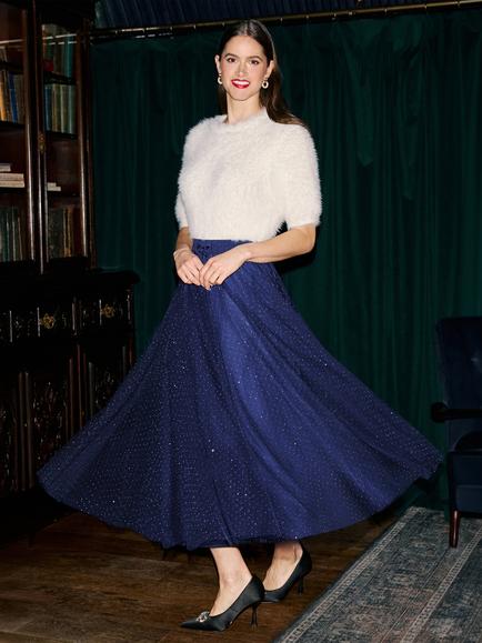 Yumi Diamonte Tulle Midi Skirt, Navy - view 2, Navy